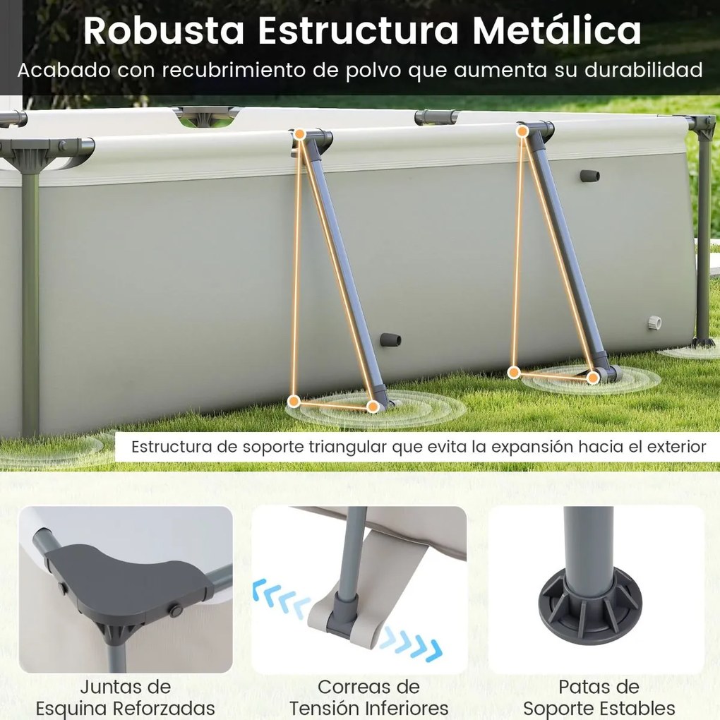 Piscina 300 cm x 207 cm x 66 cm Retangular com Bomba de Filtro Cartucho e Estrutura para Crianças e Adultos Cinza