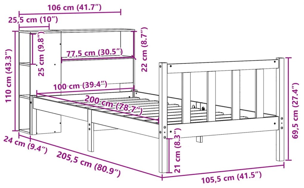 Cama com estante sem colchão 100x200 cm pinho maciço