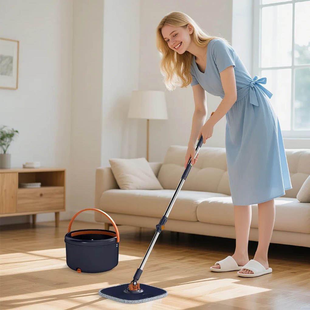 Conjunto de esfregona e balde com escorredor, para pisos lisos com 2 cabeças de esfregona e 9 panos de microfibra Sistema de limpeza azul