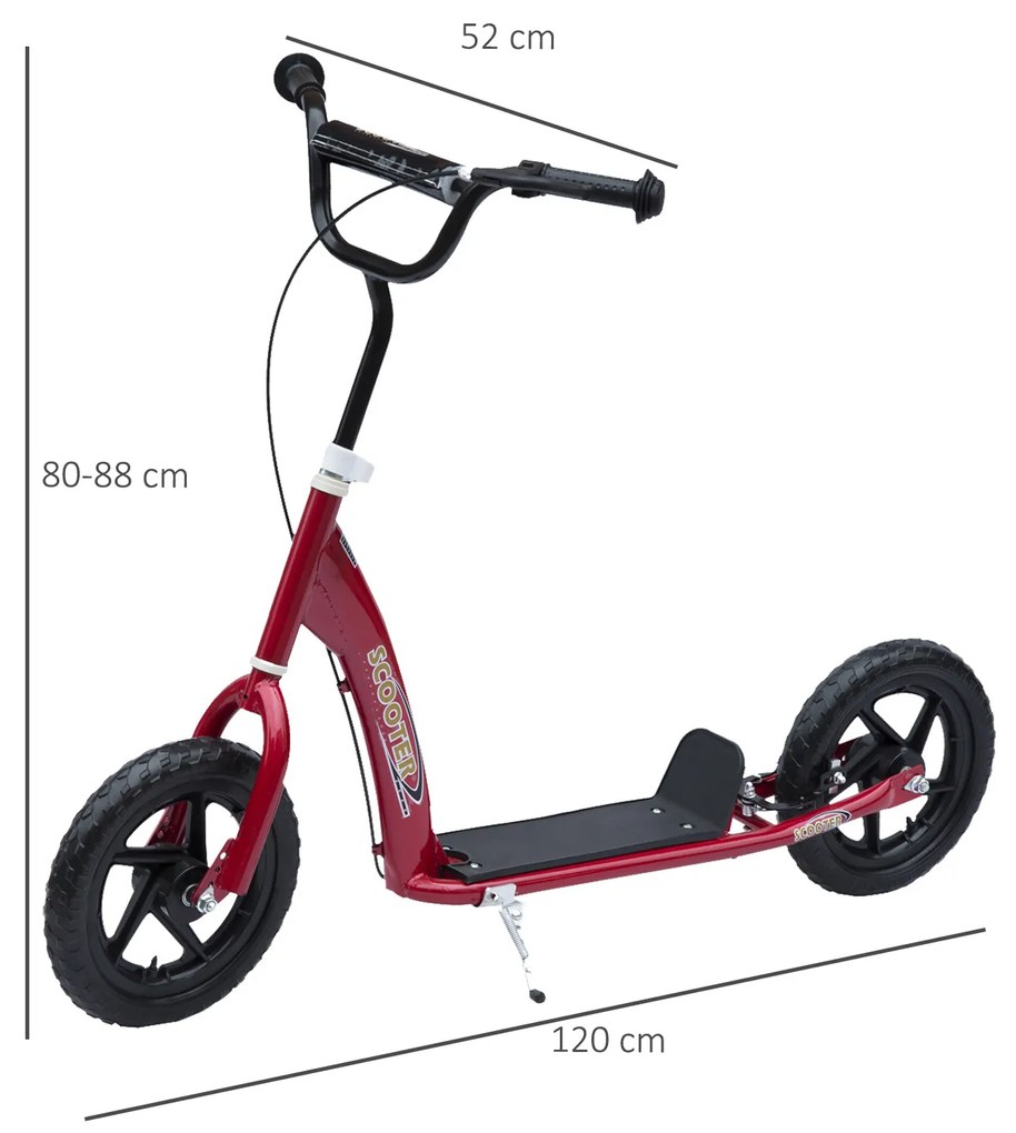 HOMCOM Trotinete com 2 Rodas de 12 Polegadas Trotinete para Crianças com Guiador Ajustável Freio e Cavalete Carga Máxima 100kg 120x52x80-88cm Vermelho