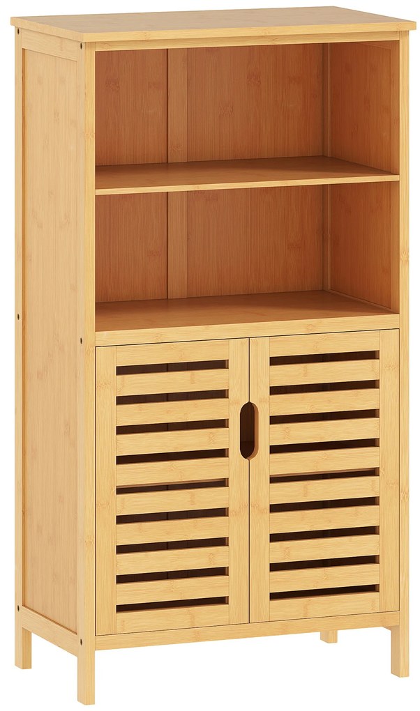 kleankin Armário Casa de Banho de Bambu Móvel Auxiliar Casa de Banho com 2 Portas 2 Prateleiras Abertas 50x29x92 cm Madeira | Aosom Portugal