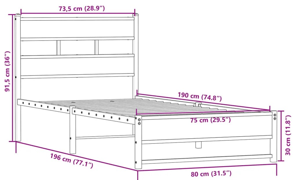 Estrutura de cama sem colchão 75x190 cm metal carvalho sonoma