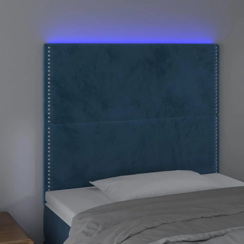 Cabeceira cama c/ luzes LED veludo 80x5x118/128cm azul-escuro