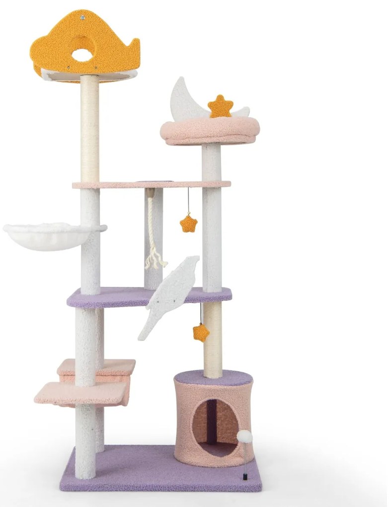 Arranhador para gatos de 167 cm com postes de arranhar cobertos de sisal Plataforma coberta de sisal Poleiro de pelúcia em forma de avião Corda de sis