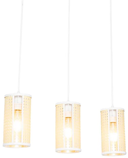 Candeeiro de suspensão oriental branco com vime 3 luzes oblongo - Akira Retro