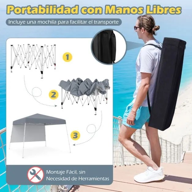 Tenda 300 x 300 cm Pop Up Dobrável com 1 Parede Lateral Com Saco, jardim, campismo, feiras, eventos com Estrutura Metálica Cinzenta