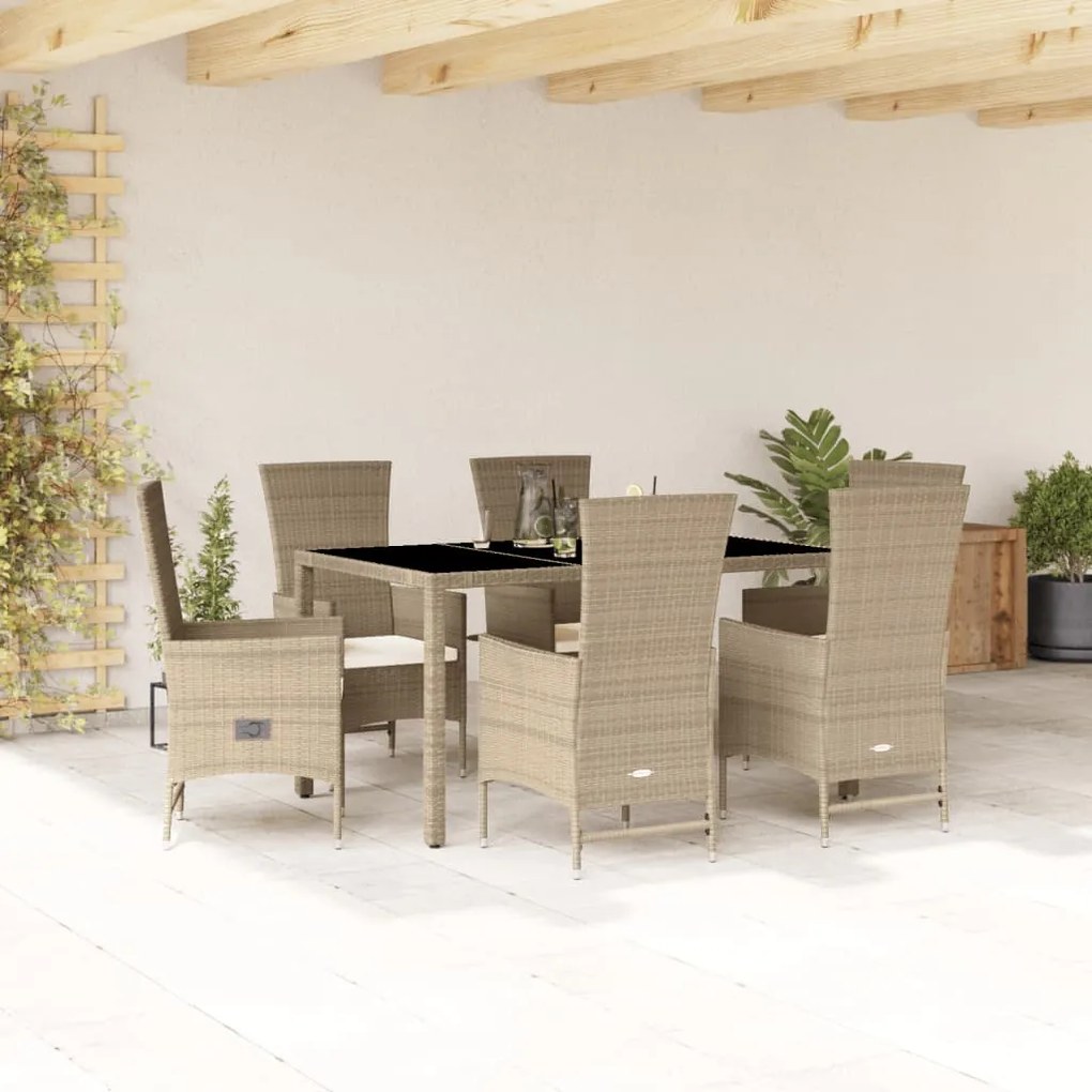 vidaXL 7 pcs conjunto de jantar p/ jardim com almofadões vime PE bege