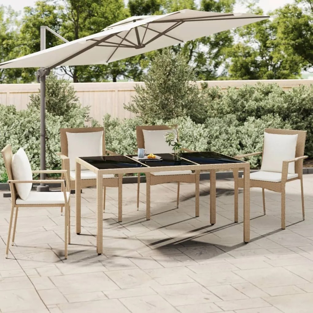 319553 vidaXL Mesa de jardim c/ tampo de vidro vime PE/vidro temperado bege