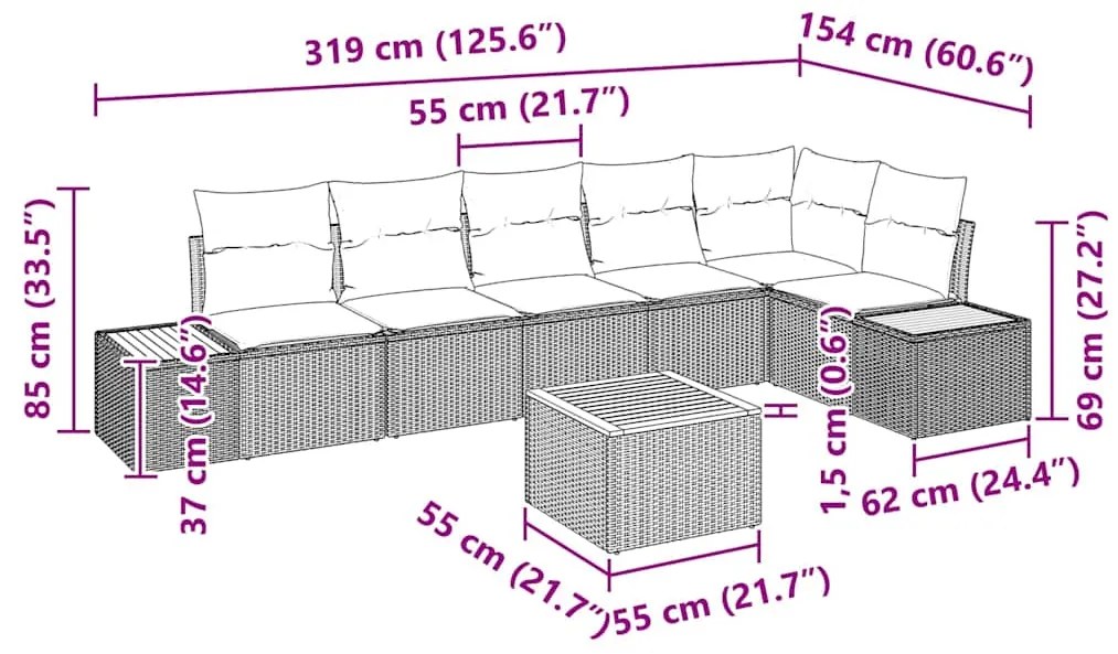 Conjunto de Sofá de 7 Peças com Almofadas Preto Rattan Acácia