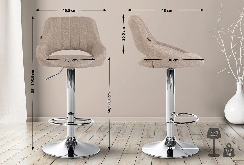 Banco de bar Milet em tecido e com estrutura cromada 46,5 x 85-105,5 x 48 cm Castanho acinzentado