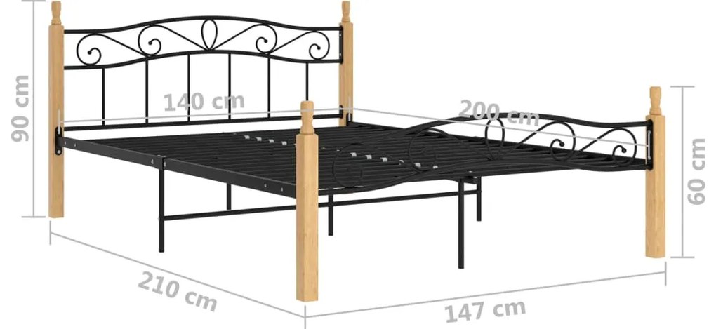 Estrutura de cama 140x200cm metal/madeira carvalho maciça preto