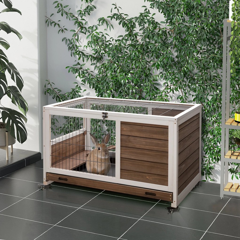 Gaiola para coelhos com rodas, 2 andares, porta com fechadura, teto abrível, tabuleiro deslizante e rampa, castanho e branco