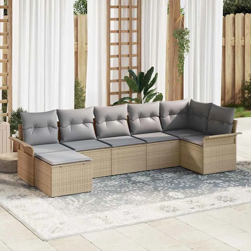 vidaXL Conjunto de Sofá de Jardim de 7 Peças com Almofadas em Bege e Rattan Sintético