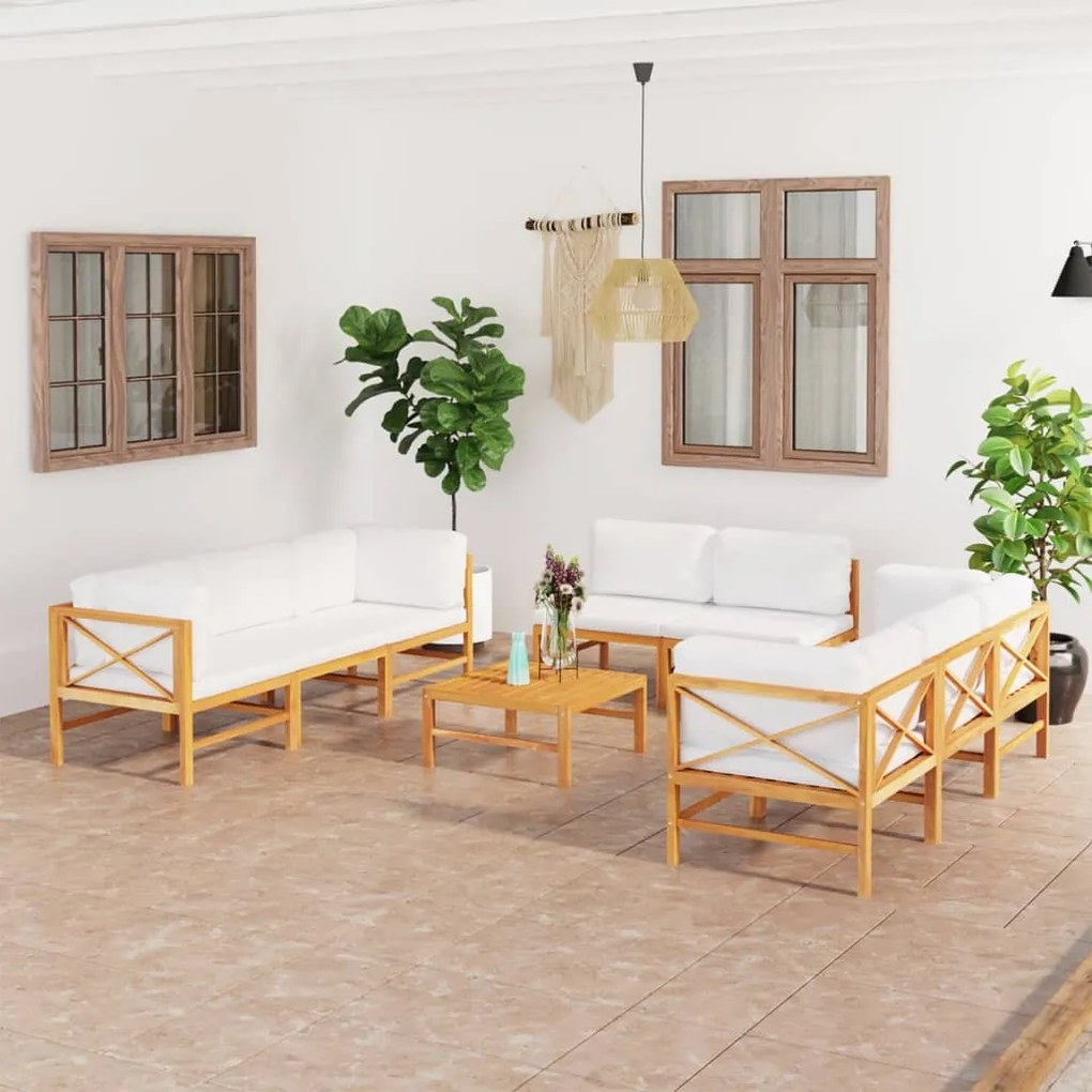 vidaXL 9 pcs conj. lounge de jardim + almofadões cor creme teca maciça
