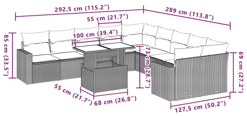 11 pcs conjunto sofás de jardim c/ almofadões vime PE preto