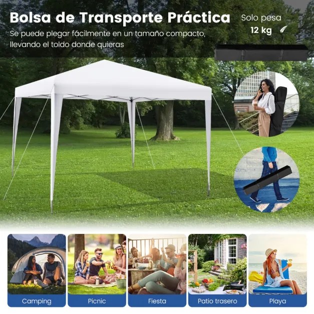 Tenda dobrável 3 x 3 m com bolsa de transporte para jardim, toldo pop-up com altura ajustável para praia, campismo, jardim, feiras Branca