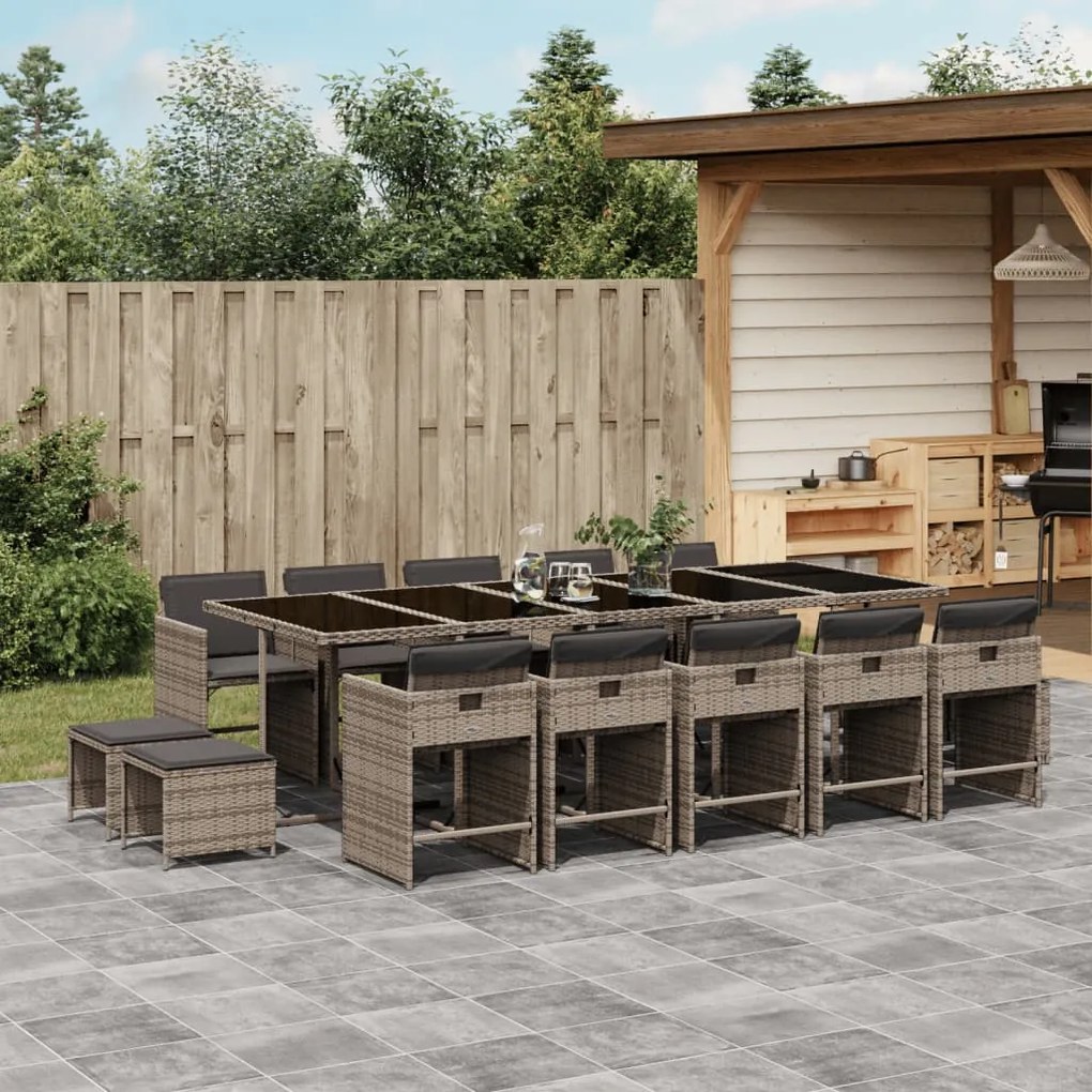 vidaXL 15 pcs conjunto jantar p/ jardim c/ almofadões vime PE cinzento