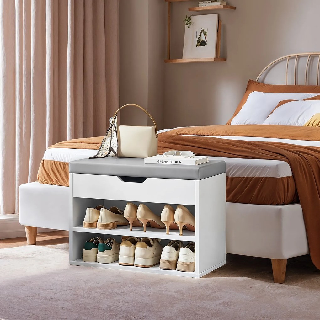 Banco para sapatos com 3 níveis, sapateira com almofada 30 x 60 x 44 cm branco