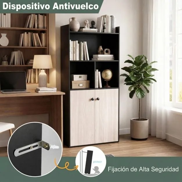 Estante 60 x 30 x 133 cm de 5 níveis com prateleiras abertas e portas para quarto, sala de estar ou escritório Preto