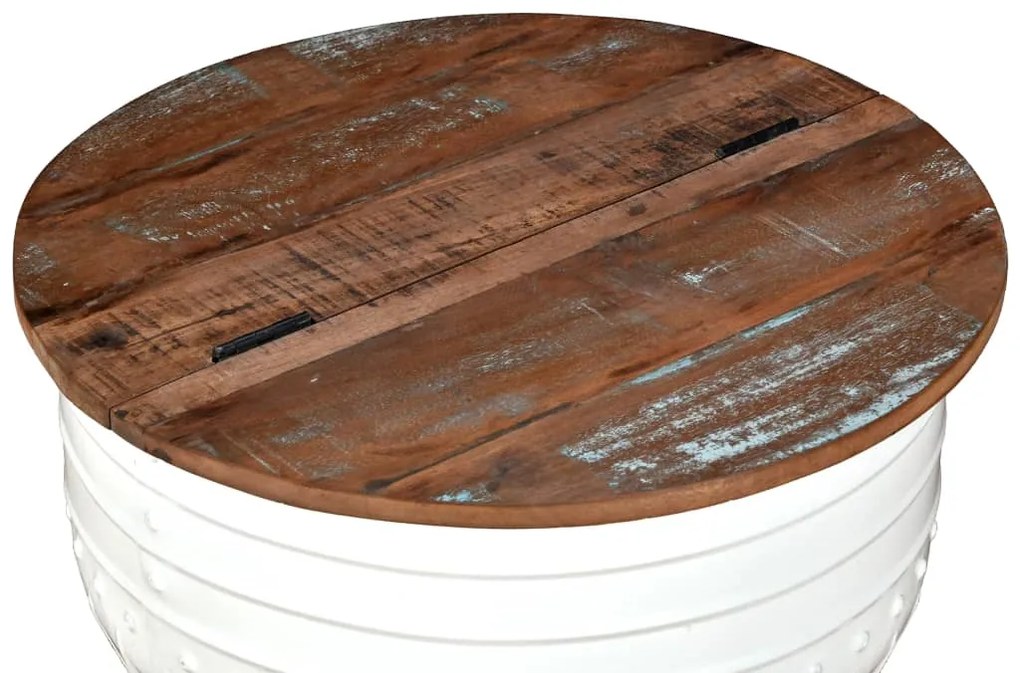 Mesa centro madeira reciclada maciça branca em forma de barril