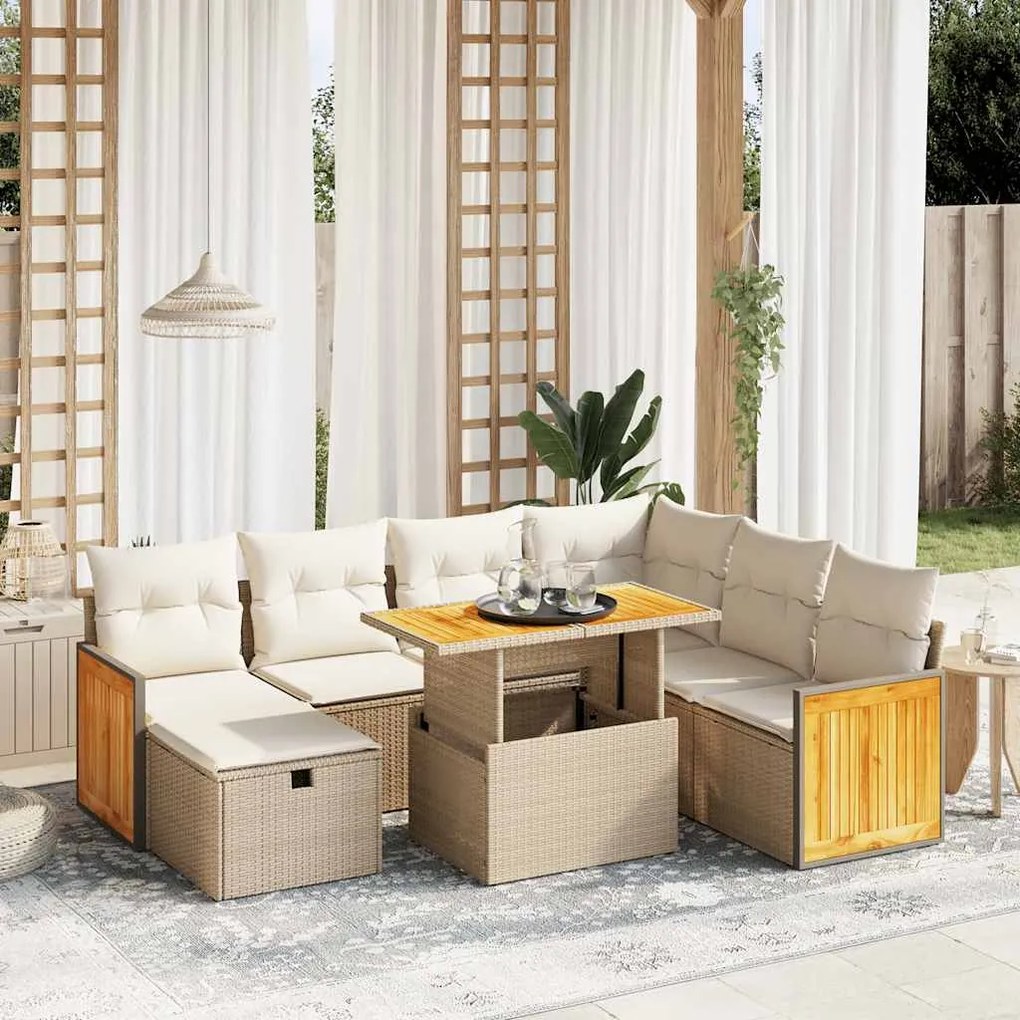 8 pcs conjunto de sofás p/ jardim com almofadões vime PE bege