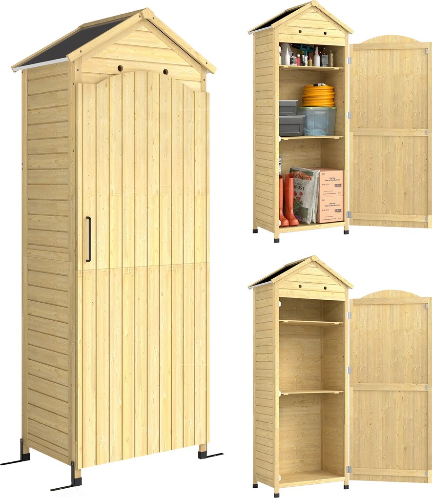 Outsunny Armário de Jardim em Madeira Telhado em Aço Galvanizado Textura Gofrada Prateleiras Ajustáveis 85x58x213 cm Madeira Natural | Aosom Portugal