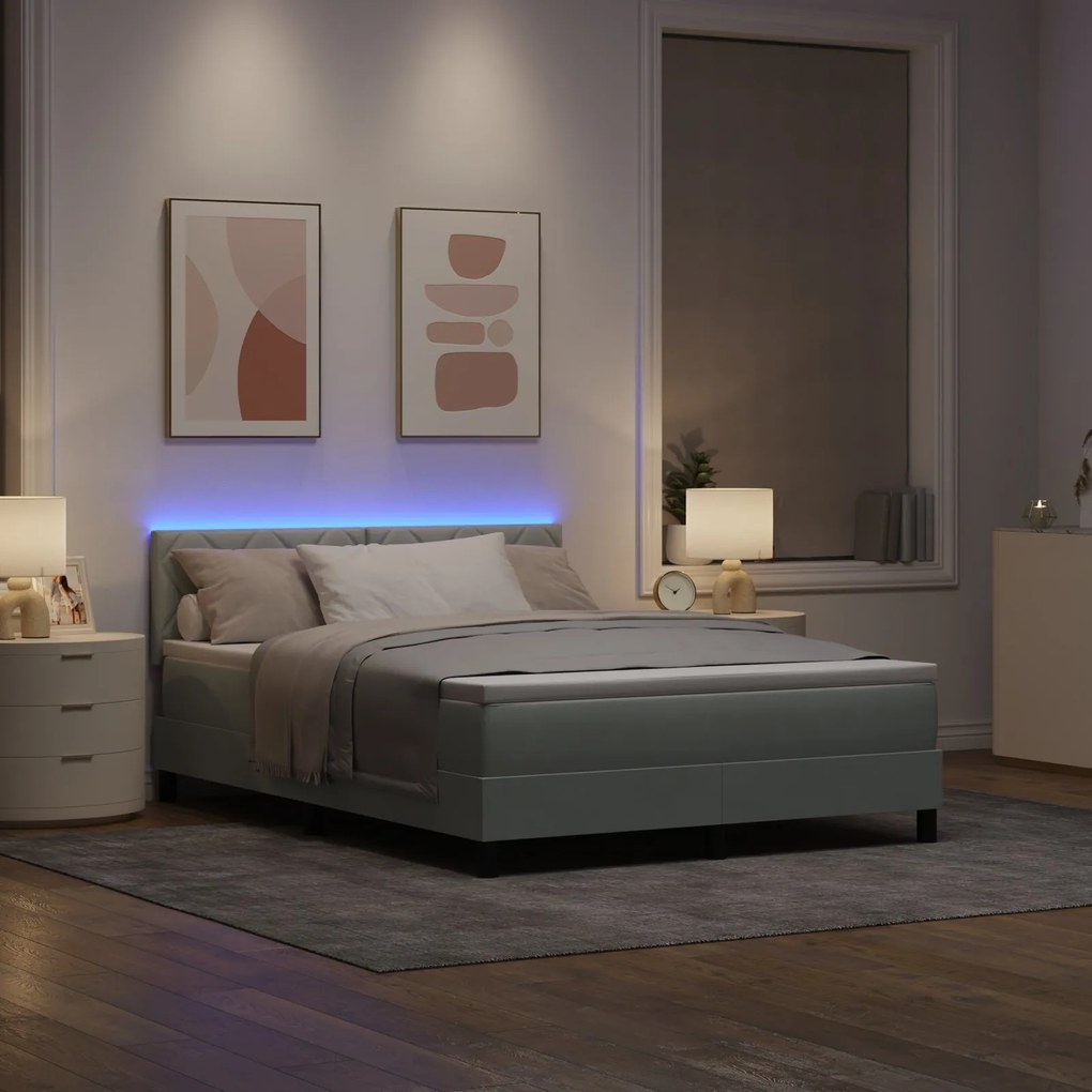 Cama Box com Colchão e Luz LED Cinza Claro 140x200 cm Veludo