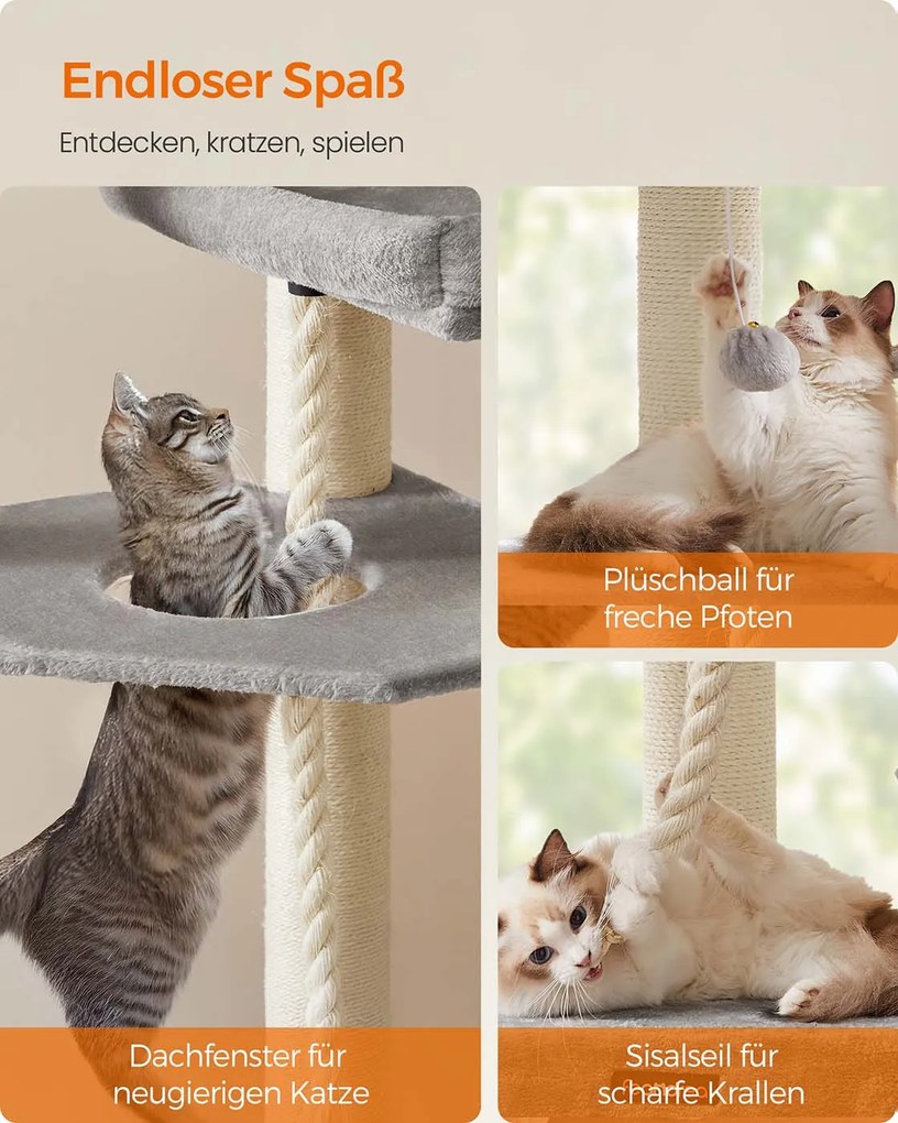 Arranhador para gatos com vários andares 55 x 55 x 186,7 cm Cinzento + Creme