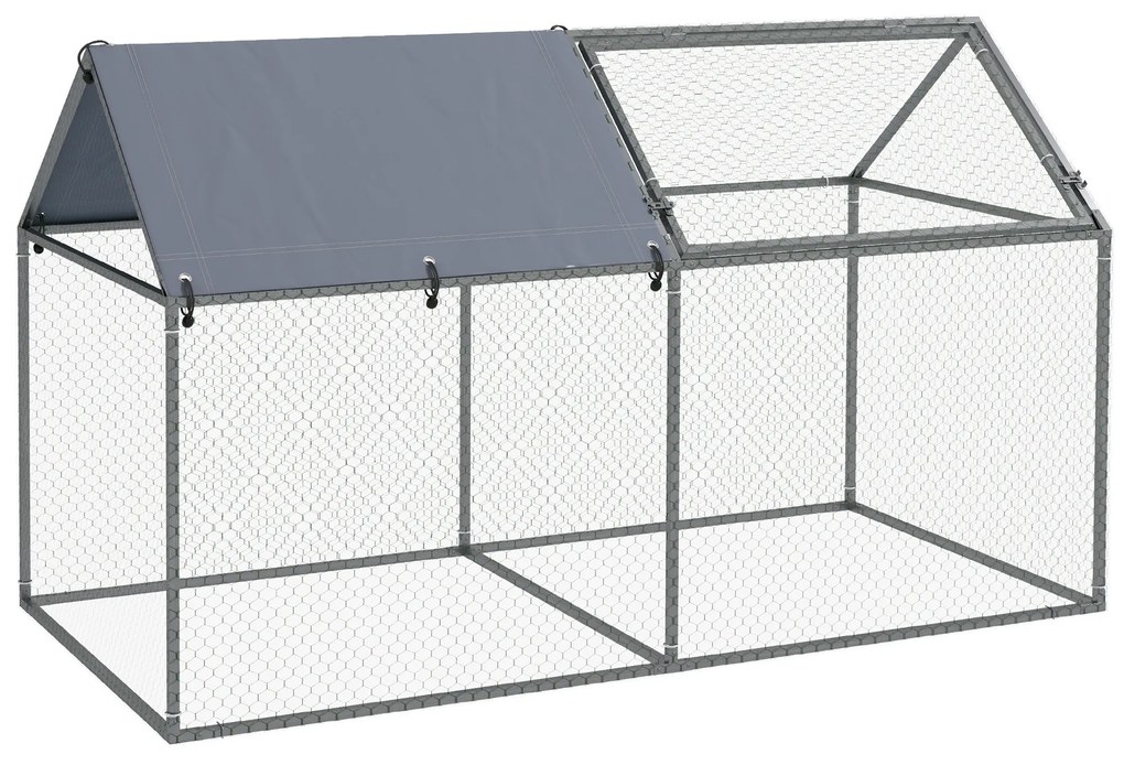 PawHut Gaiola para Pequenos Animais de Aço com 1 Porta Superior e Cobertura Anti-UV para Exterior Jardim 198x100x120 cm Prata | Aosom Portugal