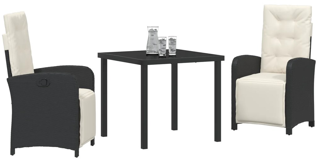 Conjunto de Jantar de 3 Peças vidaXL com Almofadas em Rattan Preto