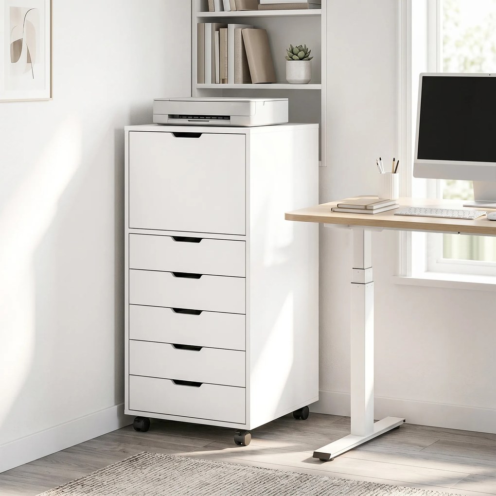 Bloco gavetas de Escritório com 5 Gavetas Armário com Fecho Suave Rodas e Suporte para Impressora Branco