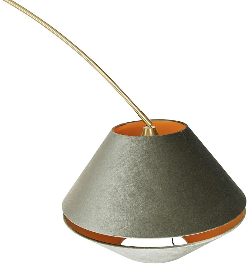 Candeeiro de Arco em Latão com Abajur Duplo de Veludo Branco e Verde - XXL