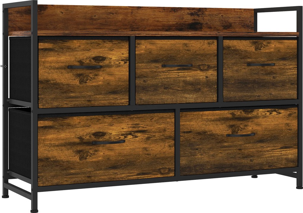HOMCOM Cómoda de Quarto com 5 Gavetas, Cómoda em Tecido com Tampo de Madeira, Castanho e Preto | Aosom Portugal