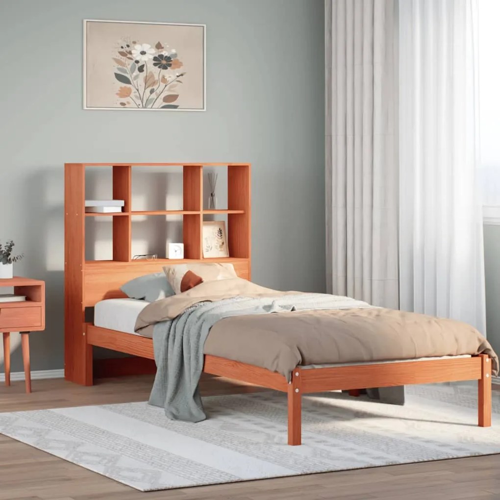vidaXL Cama com estante sem colchão 90x200cm pinho maciço castanho-mel
