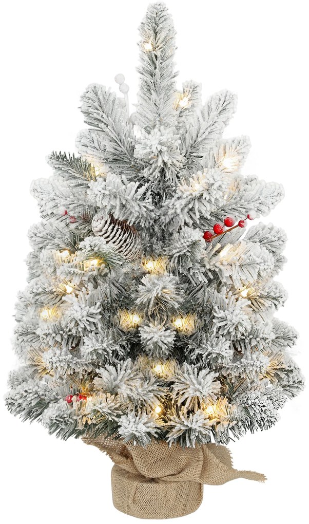 HOMCOM Mini Árvore de Natal Artificial com 35 Luzes LED 60 cm com 72 Ramos com Neve Pinhas Bagas e Base de Saco de Juta Ø37x60 cm Verde | Aosom Portugal