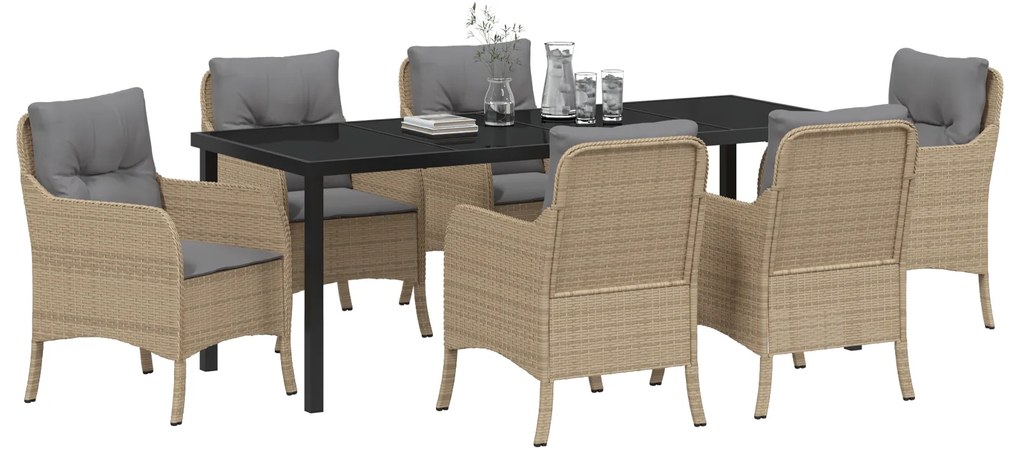 Conjunto de Jantar para Jardim de 7 Peças com Almofadas em Bege de Rat