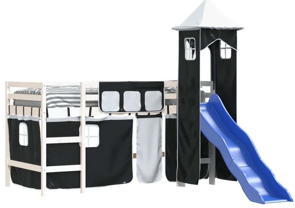 Cama alta criança c/ torre 90x190 cm pinho maciço branco/preto