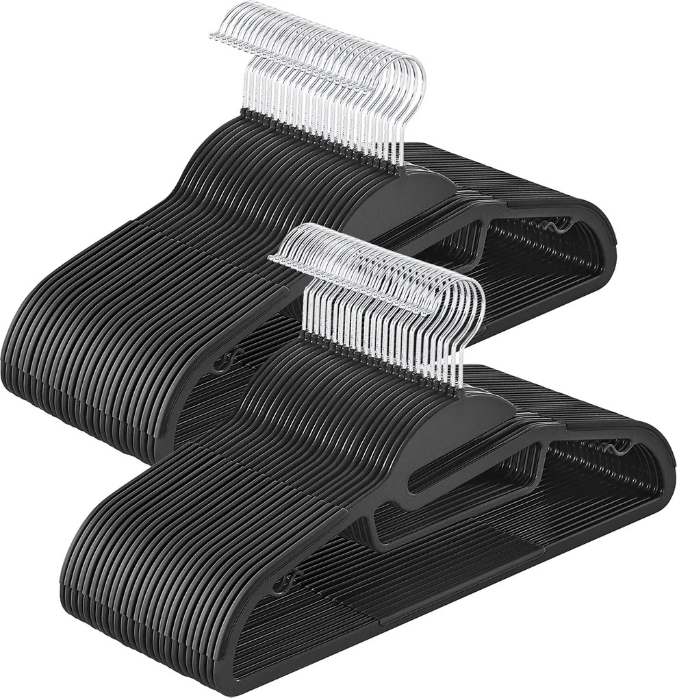 Conjunto 50 Cabides de plástico antiderrapante, compacto, preto