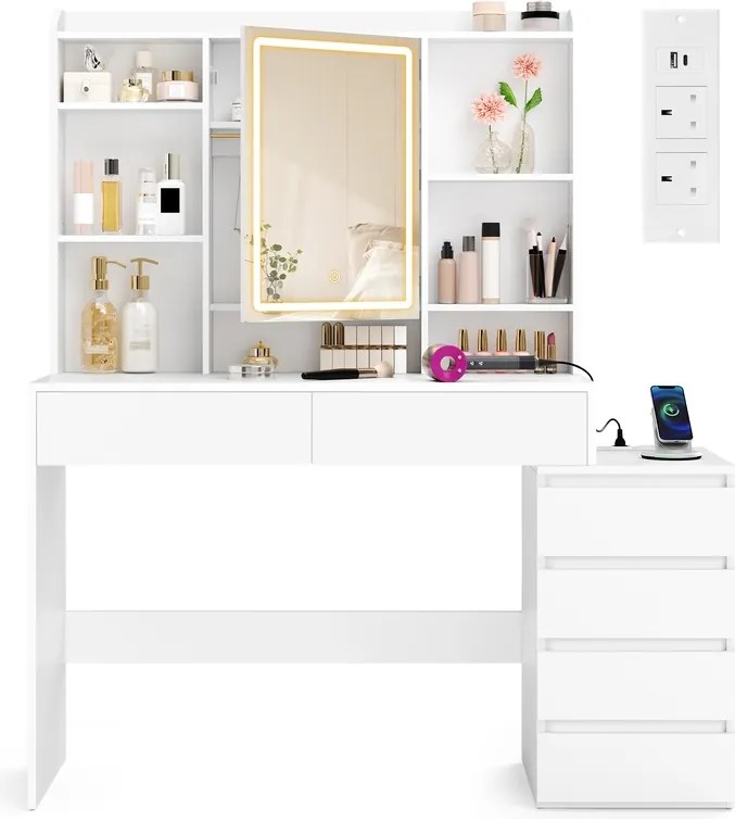 Toucador com espelho LED (BANCO NÃO INCLUIDO) e tomada múltipla 40 x 124,7 x 145 cm Coleção Kailyn branco