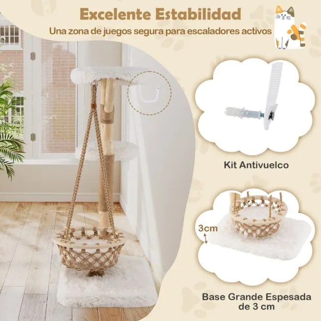 Arranhador para gatos 70 x 50 x 123 cm com rede suspensa, galhos de madeira, postes para arranhar em juta e 2 ganchos Natural + Branco