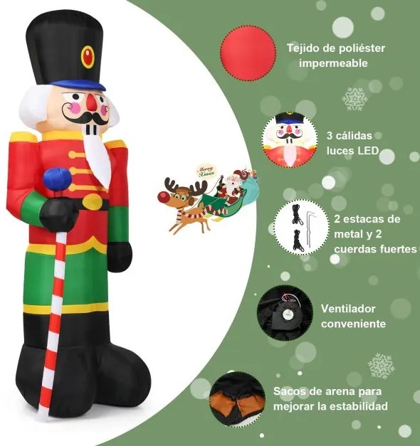 Quebra-nozes Decoração de Natal insuflável de 2,4 m com 3 luzes LED e cetro de doces com compressor incluído