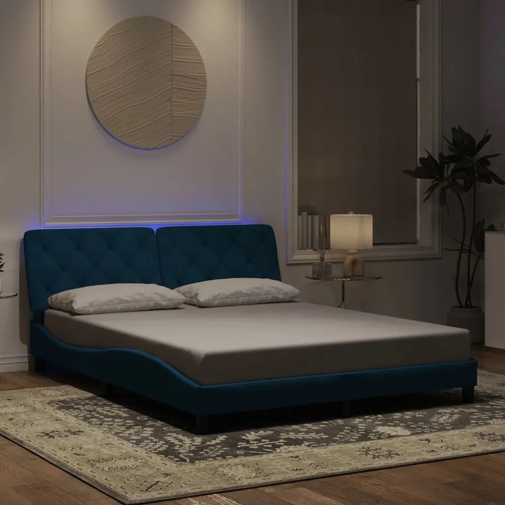 Estrutura de cama c/ luzes LED 160x200 cm veludo azul
