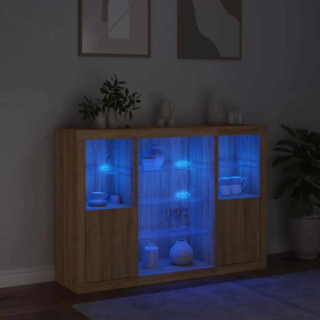 Aparadores c/ LEDs 3 pcs derivados de madeira carvalho sonoma