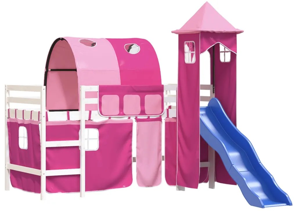 Cama alta para criança com torre 90x200 cm pinho maciço rosa