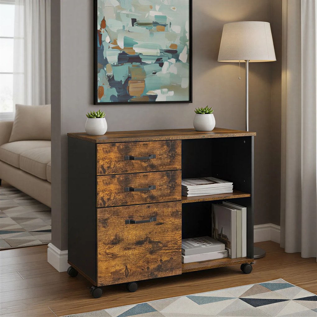 Armário para escritório de arrumação com 3 gavetas e compartimentos, em estilo industrial 40 x 80,2 x 65,3 cm castanho, preto