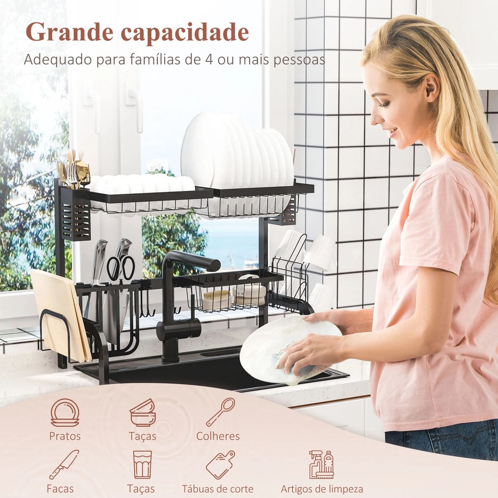 Escorredor de Louça de Aço de 2 Níveis com Suporte para Tábua Suporte para Talheres e 5 Ganchos 65x31,5x52,5cm Preto