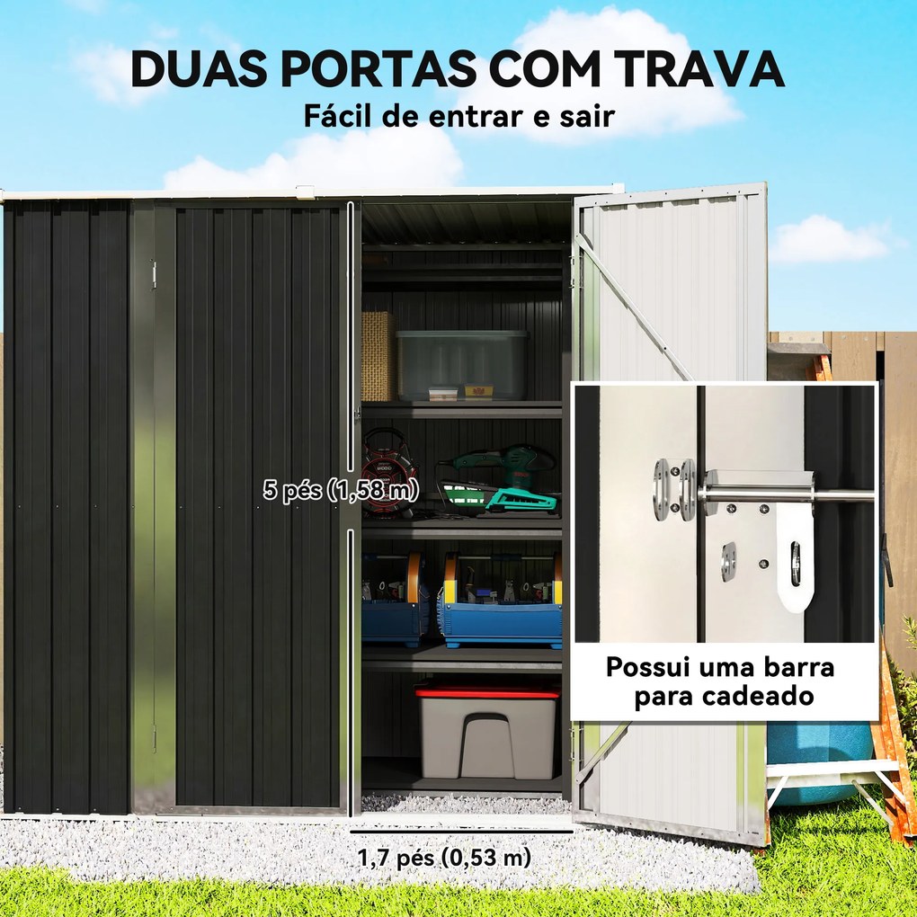 Abrigo de Jardim Exterior Metálico 1,37 m² 163x89x163 cm com Telhado Inclinado, Portas com Fecho e Luvas Cinzento