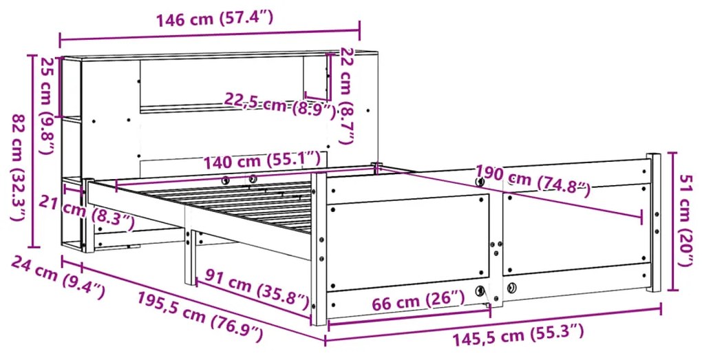 Cama com estante sem colchão 140x190 cm pinho maciço branco