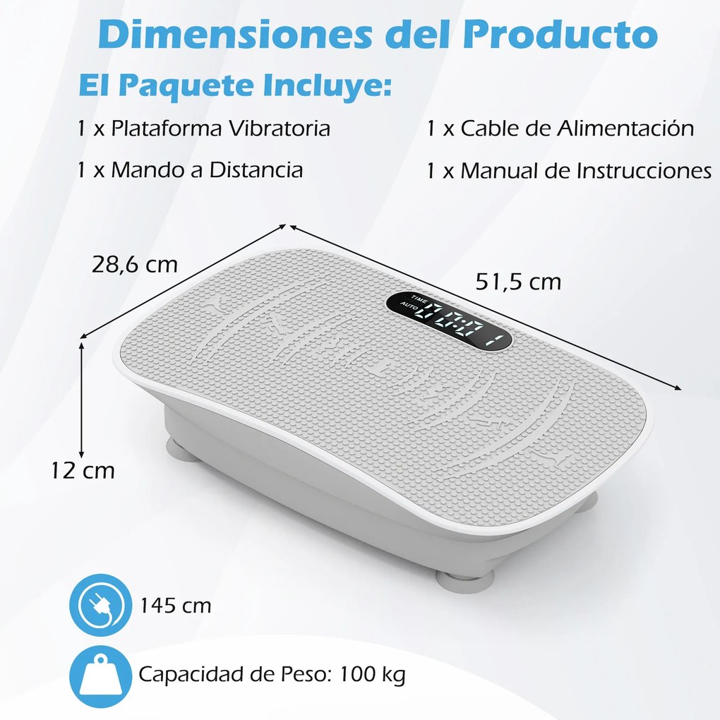 Plataforma vibratória muscular com 10 intensidades e controlo remoto para emagrecer, queimar calorias e tonificar os músculos - Cinzenta