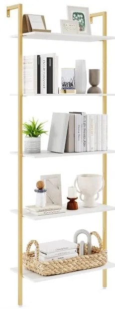 Estante de parede com 5 níveis e estrutura de metal, estilo escada, branca e dourada